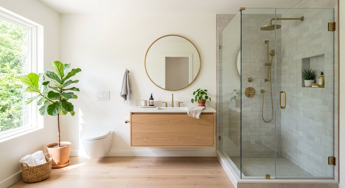 Remodelled bathroom with glass shower, wood vanity and brass fixtures