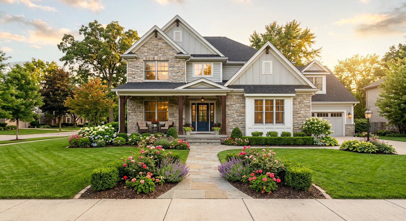 Landscaped front garden with stone path, hedges and lawn