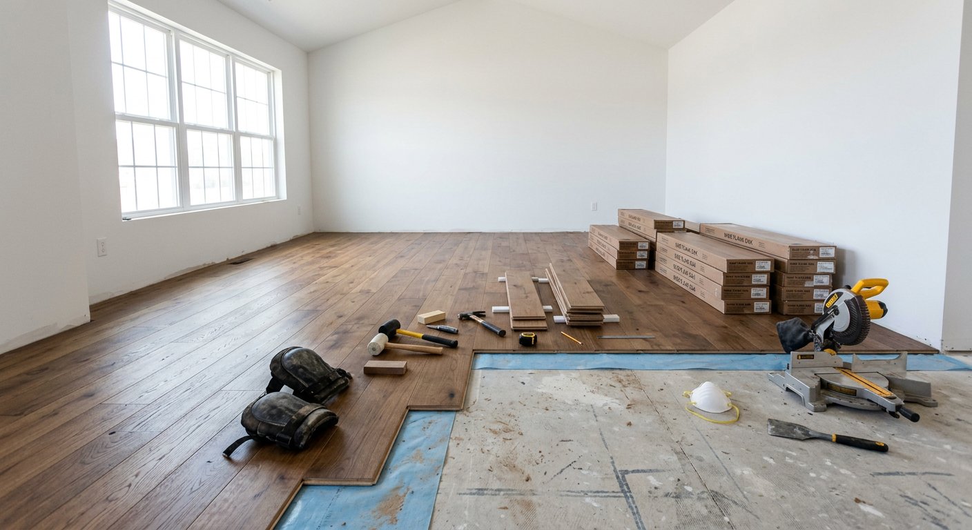 Flooring renovation in progress with stacked planks and tools