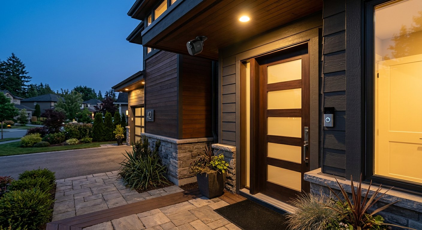 Security camera under a porch eave and a smart doorbell at the front door