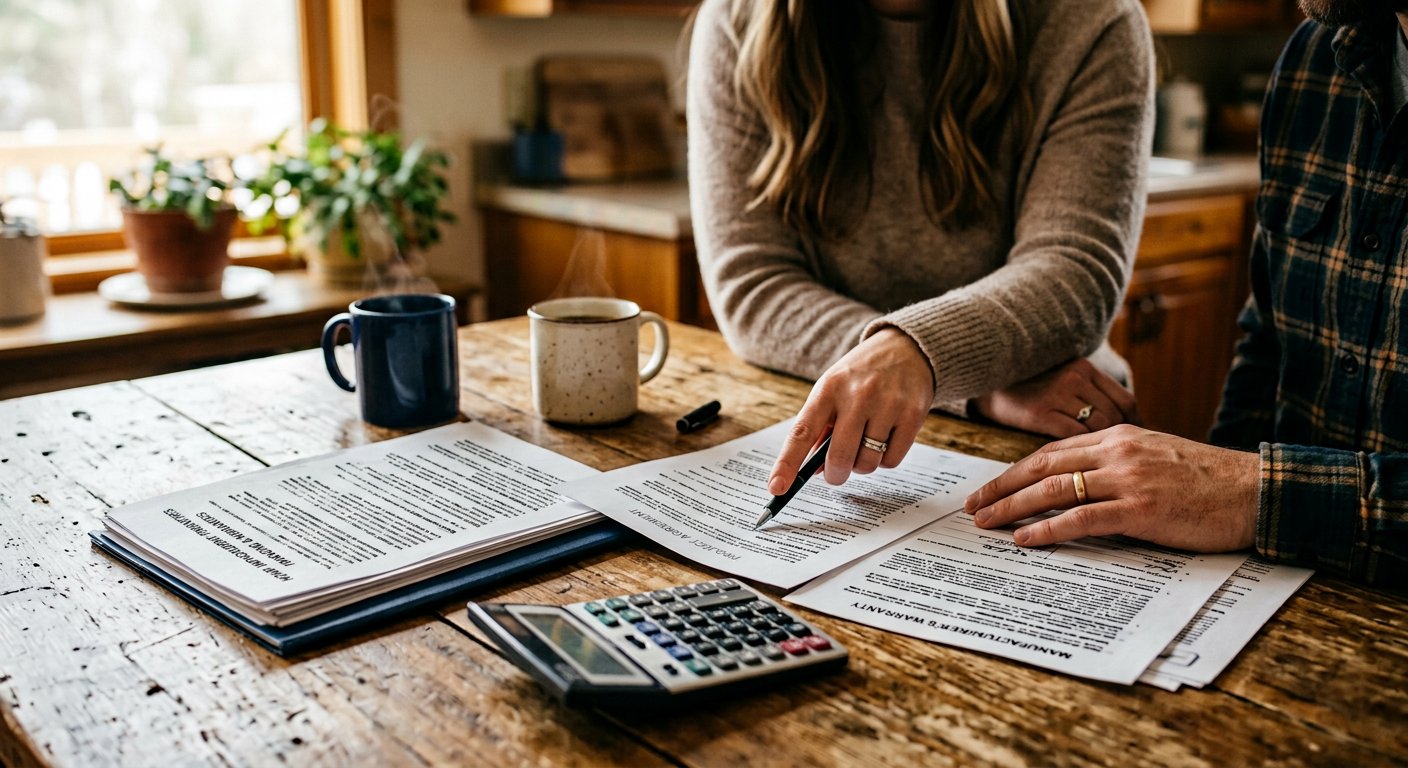 Homeowners reviewing improvement financing and warranty documents