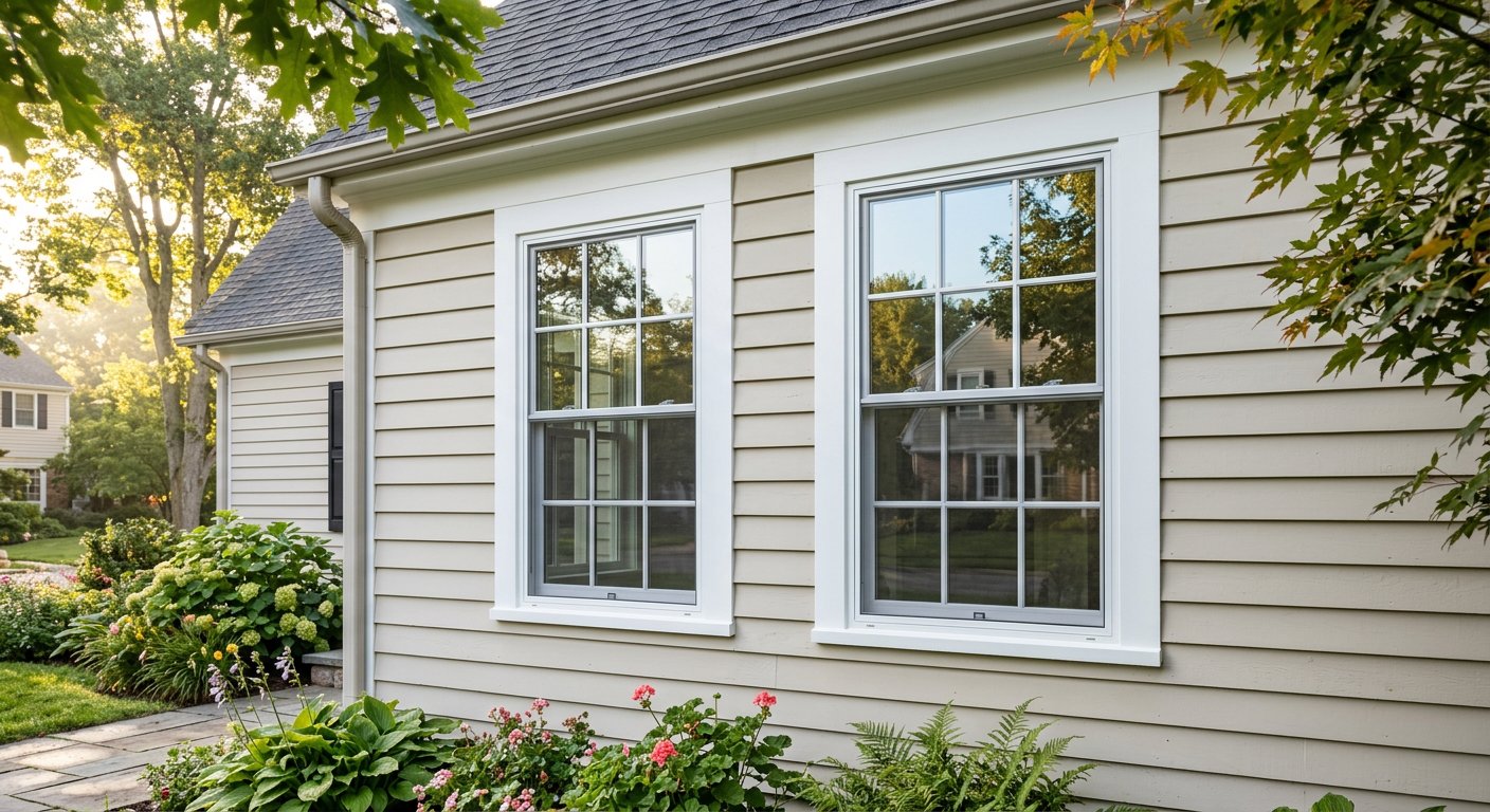 Newly installed white replacement windows on a family home